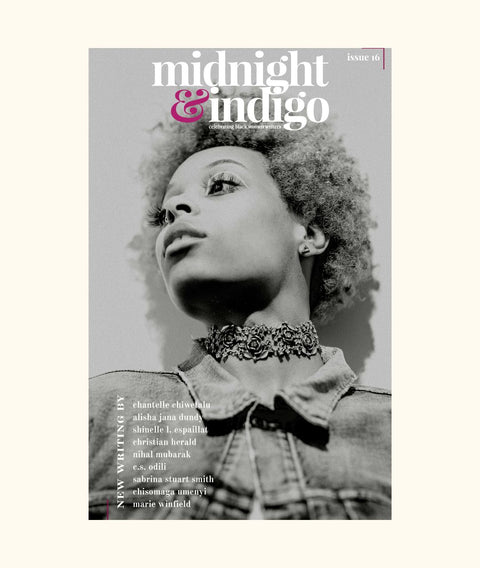 Magazine cover with a woman's face and 'midnight & indigo' branding